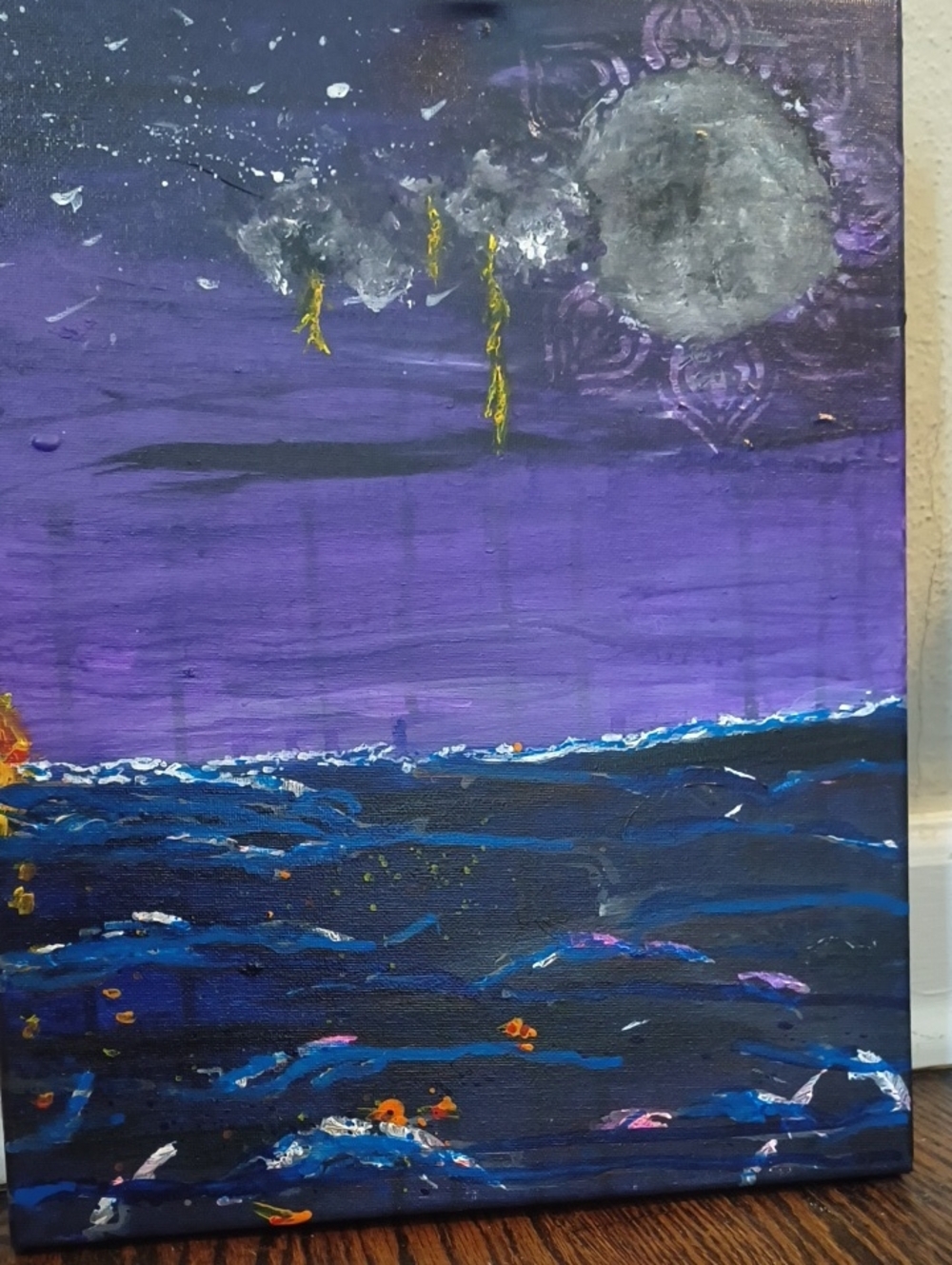 Handmade Purple Moonlit Seascape Canvas Wall Art